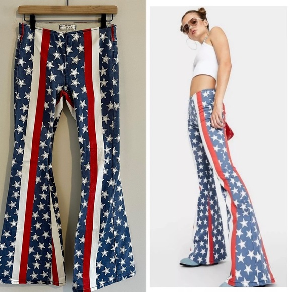 Free People Women’s Penny Pull On Jeans Stars and Stripes size 26 Flare Rodeo - Picture 3 of 14